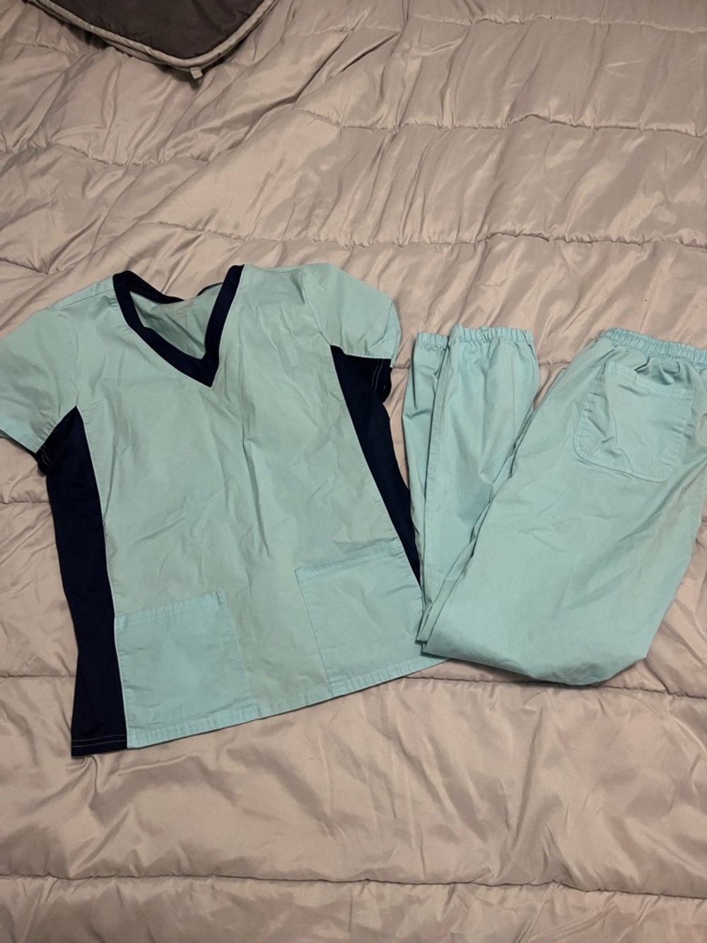Light Aqua and Navy Two-Tone Scrub Set
